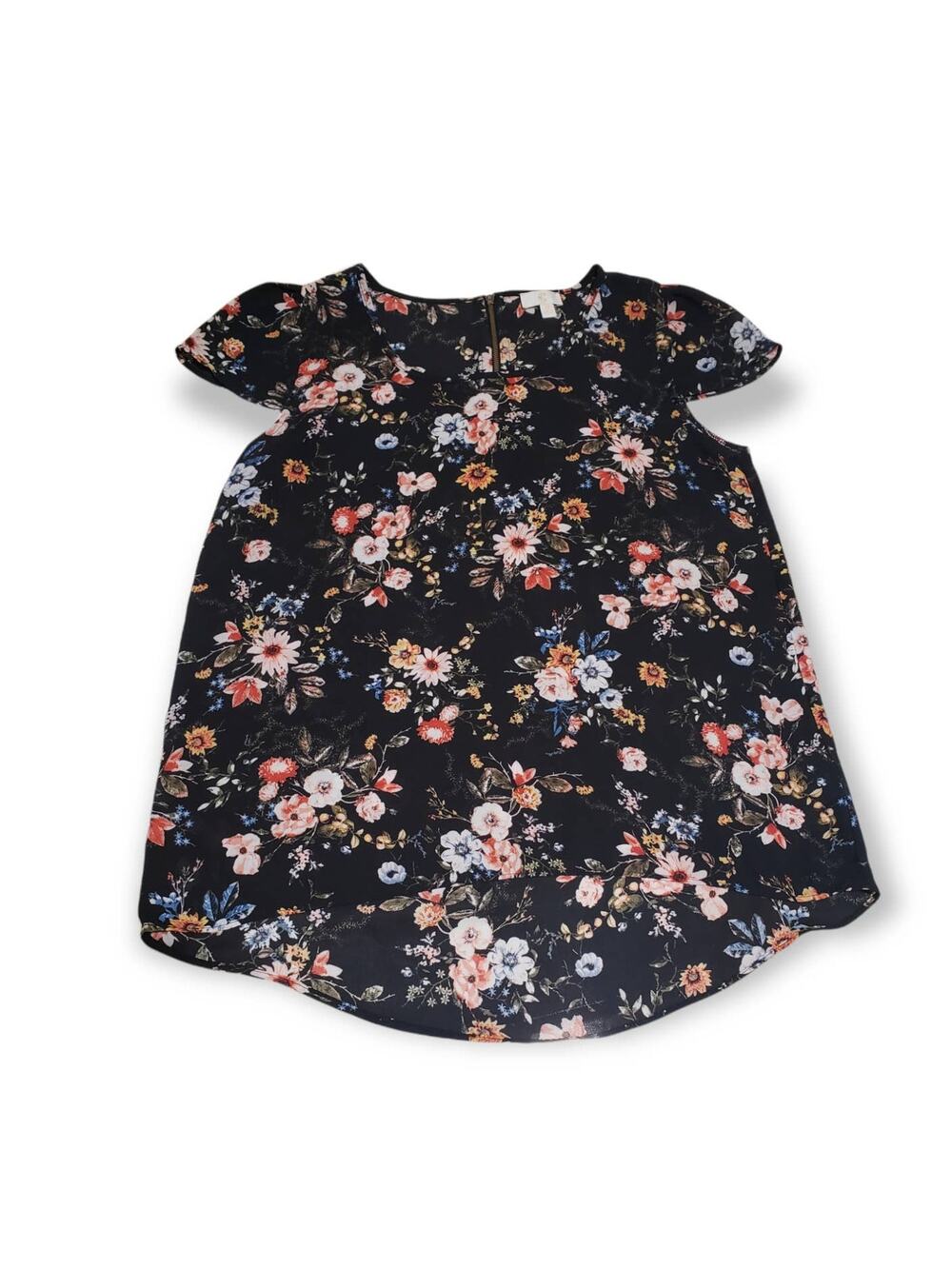 C Black Floral Print Short Sleeve Open Pit Blouse Shirt - Size Medium